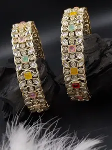 AARNAA Set Of 2 Gold Plated Kundan & Cubic Zircon Studded Chuda Bangles