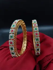 AARNAA Set Of 2 Gold Plated Kundan & CZ Stone Studded Bangles