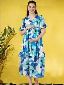 angloindu Women Floral Printed Puff Sleeve Ruffled Maternity Fit & Flare Maxi Dress