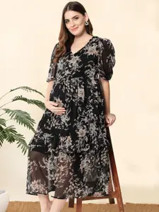 angloindu Women Floral Print Puff Sleeve Ruffled Chiffon Maternity Fit & Flare Maxi Dress