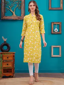 HIGHLIGHT FASHION EXPORT Floral Printed Mandarin Collar Straight Cotton Kurta