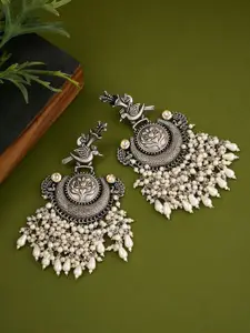 ATIBELLE Silver-Plated Peacock Shaped German Silver Kundan Studded Oxidised Drop Earrings