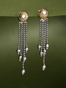 ATIBELLE Silver-Plated Contemporary German Silver Stone Studded & Beaded Drop Earrings