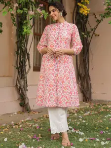 SAVI Ethnic Motifs Printed Band Collar Puff Sleeves Machine Weave Pure Cotton A-Line Kurta