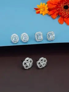 PRIVIU Set Of 3 Rhodium-Plated American Diamond Stones Studded Geometric Studs