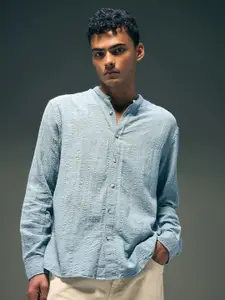 Flying Machine Men Mandarin Collar Textured Cotton Casual Shirt