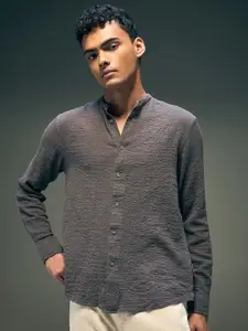 Flying Machine Men Mandarin Collar Textured Cotton Casual Shirt