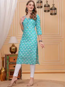 HIGHLIGHT FASHION EXPORT Ethnic Motifs Printed Notch Neck Straight Cotton Kurta