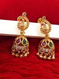 Anujeet Fashion Hub Gold-Plated American Diamond Studded Peacock Shaped Jhumkas
