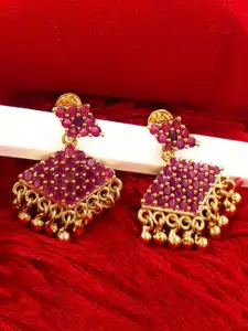 Anujeet Fashion Hub Gold-Plated American Diamond Studded Floral Drop Earrings