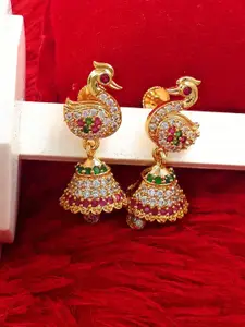 Anujeet Fashion Hub Gold-Plated American Diamond Studded Peacock Shaped Jhumkas