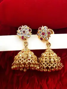 Anujeet Fashion Hub Gold-Plated American Diamond Studded Dome Shaped Jhumkas