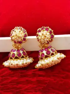 Anujeet Fashion Hub Gold-Plated American Diamond Studded Dome Shaped Jhumkas