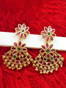 Anujeet Fashion Hub Gold-Plated American Diamond Studded Floral Drop Earrings