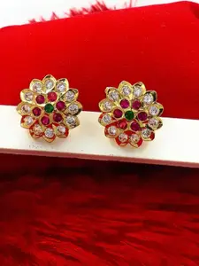 Anujeet Fashion Hub Gold-Plated American Diamond Studded Floral Studs Earrings