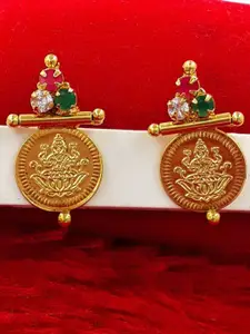 Anujeet Fashion Hub Gold-Plated American Diamond Studded Circular Drop Earrings