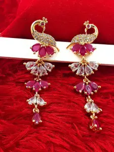Anujeet Fashion Hub Gold-Plated American Diamond Studded Peacock Shaped Drop Earrings