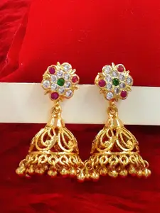 Anujeet Fashion Hub Gold-Plated American Diamond Studded Dome Shaped Jhumkas