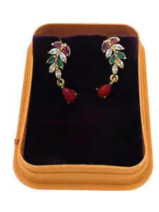 Anujeet Fashion Hub Gold-Plated American Diamond Studded Leaf Shaped Drop Earrings