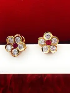 Anujeet Fashion Hub Gold-Plated American Diamond Studded Floral Studs Earrings