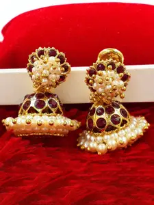 Anujeet Fashion Hub Gold-Plated American Diamond Stones Studded And Pearl Beaded Jhumkas