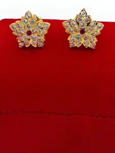 Anujeet Fashion Hub Gold-Plated American Diamond Studded Floral Studs Earrings