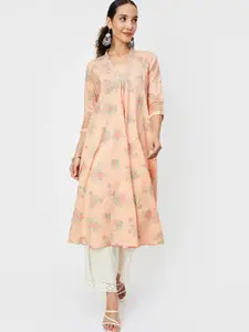 max Floral Printed Square Neck Panelled A-Line Cotton Kurta