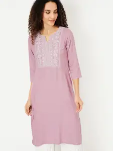 max Floral Yoke Design Notch Neck Thread Work Straight Kurta