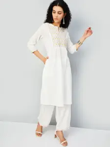 max Floral Yoke Design Notch Neck Thread Work Straight Cotton Kurta