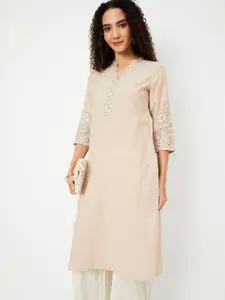 max Floral Embroidered Mandarin Collar Thread Work Straight Cotton Kurta