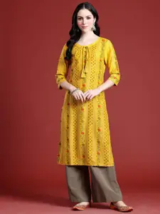 Anouk Floral Printed Tie-Up Neck Calf-Length Straight Kurta