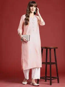 Anouk Floral Embroidered V-Neck Beads & Stones Studded Straight Kurta
