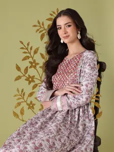 Anouk Mirror Work Embroidered Ethnic Motifs Print Pleated Ethnic Dress