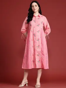 Anouk Floral Print Pleated Tasseled Shirt Collar Pure Cotton Ethnic Dress