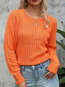 StyleCast x Revolte Women Self Design Open Knit Pullover Sweaters