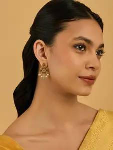 Kushal's Fashion Jewellery Gold Plated Ruby Studded Contemporary Drop Earrings