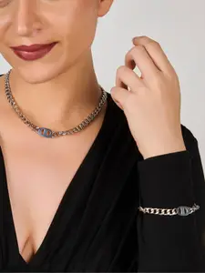 AQUASTREET 18K Silver Plated Waterproof Antitarnish Link Necklace & Bracelet Set