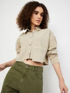 max Women Spread Collar Solid Cotton Boxy Fit Casual Shirt