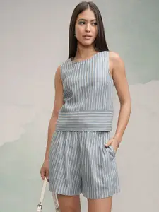 Tokyo Talkies Women Striped Crop Top Shorts Co-Ord Set