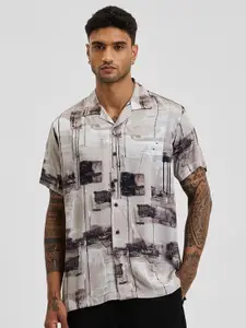 Snitch Men Relaxed Fit Cuban Collar Abstract Printed Casual Shirt
