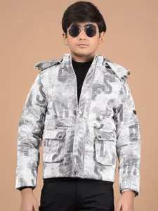 Crimsoune Club Boys Hooded Typography Printed Casual Puffer Lightweight Jacket