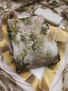 KALINI Floral Printed Embellished Muslin Banarasi Unstitched Dress Material