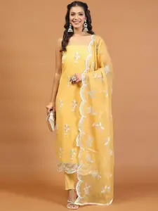 Meena Bazaar Floral Embroidered Embellished Unstitched Dress Material