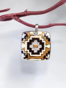 AMONROO 925 Sterling Silver Rhodium-Plated Enamelled CZ Studded Abstract Square Pendant