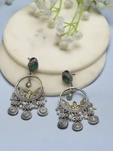 Biba Silver-Plated Contemporary Stone Studded & Beaded Oxidised Drop Earrings