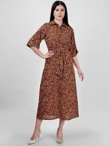 DRIRO Women Printed Shirt Collar A-Line Midi Dress With Belt