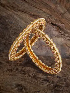 Kushal's Fashion Jewellery Set Of 2 Gold-Plated Stone Studded & Beaded Antique Bangles