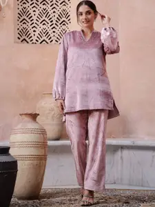 Sangria Mandarin Collar Puff Sleeves Top & Trouser