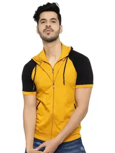 Black Collection Men Colourblocked Hooded Front Open Sweatshirt