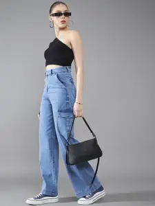 DOLCE CRUDO Women Wide Leg High-Rise Stretchable Cargo Jeans